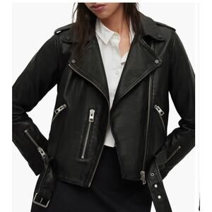 ALL SAINTS Balfern Leather Biker Jacket Black Size 4 Small silver zipper